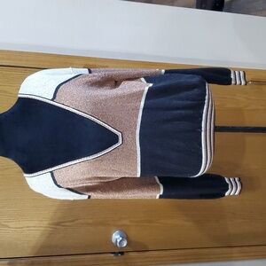 Free people metallic striped bronze black cream vneck sweater knit